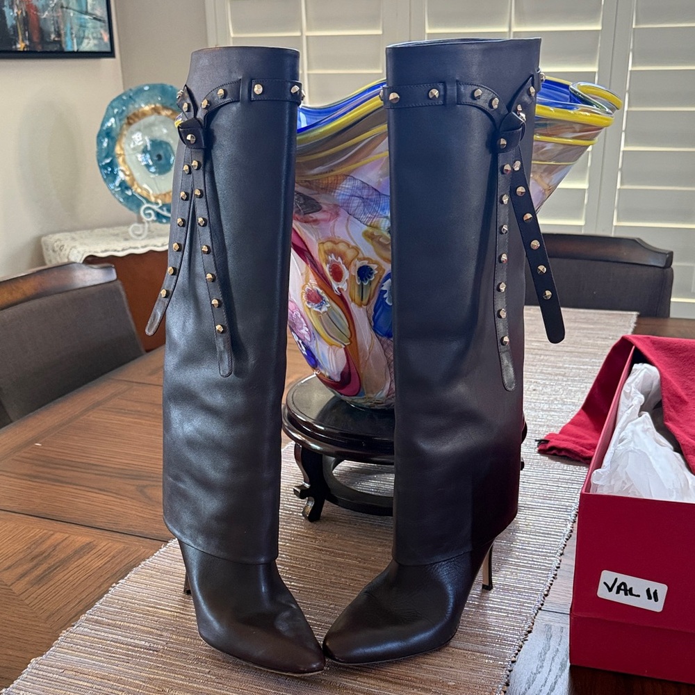 Valentino Rock Stud Chocolate Brown Heeled Boots